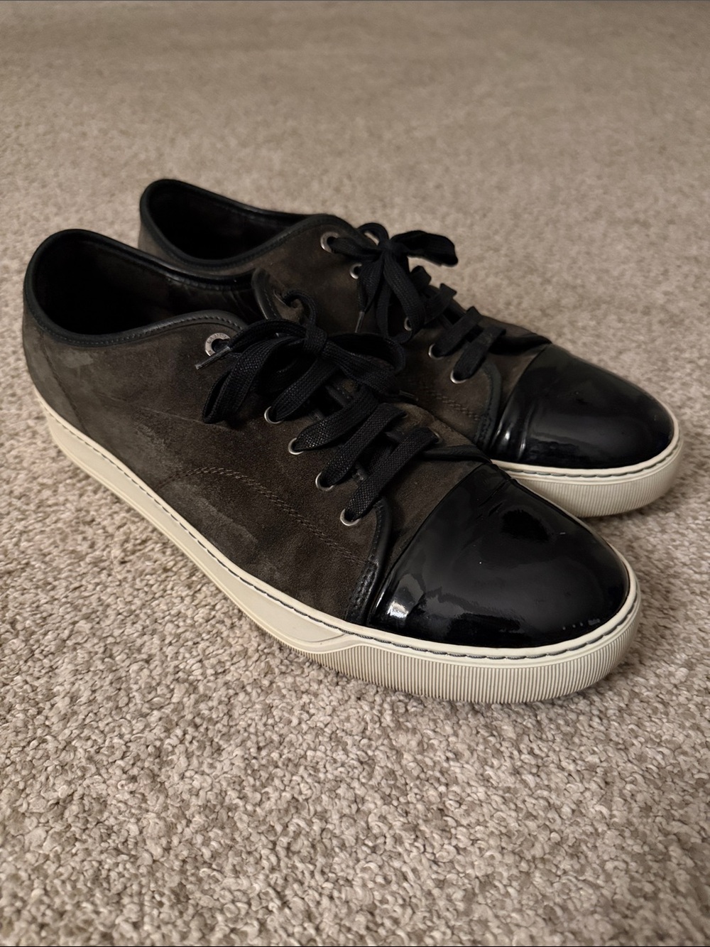 Lanvin Men’s Black Patent Cap Toe Suede Low Top Sneakers Size 12 Shoes